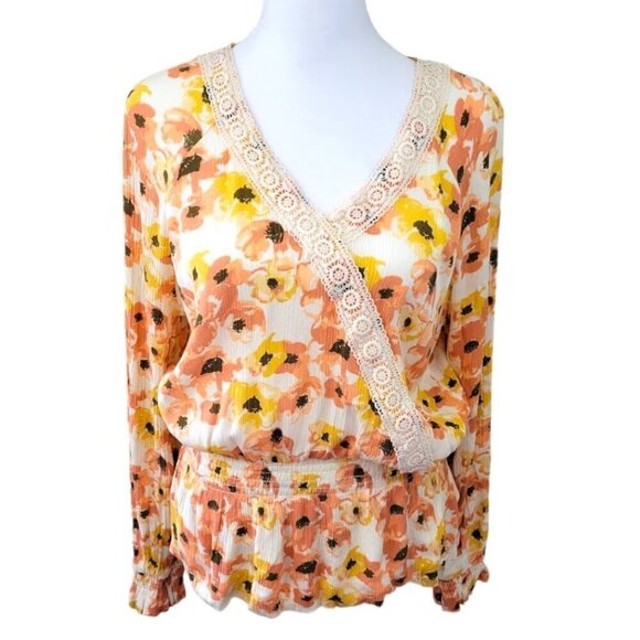 Downeast Blouse Long Sleeve Ivory Orange Yellow Floral Boho Shirt Womens Size L - Picture 1 of 9